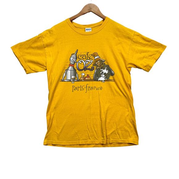 Cafe OZ Coffee Scarecrow Tin Beignets Paris France wizard Tee Yellow T Shirt M - Picture 1 of 4
